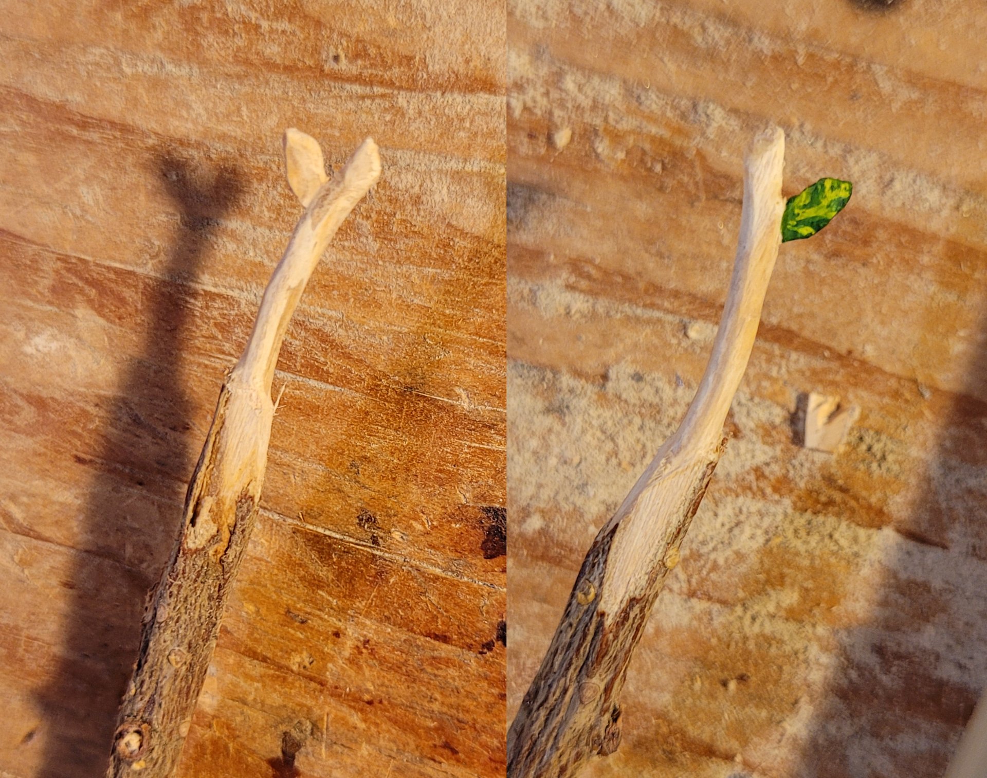 a branch from the christmas tree being carved down to look like a stick with a leaf at the end