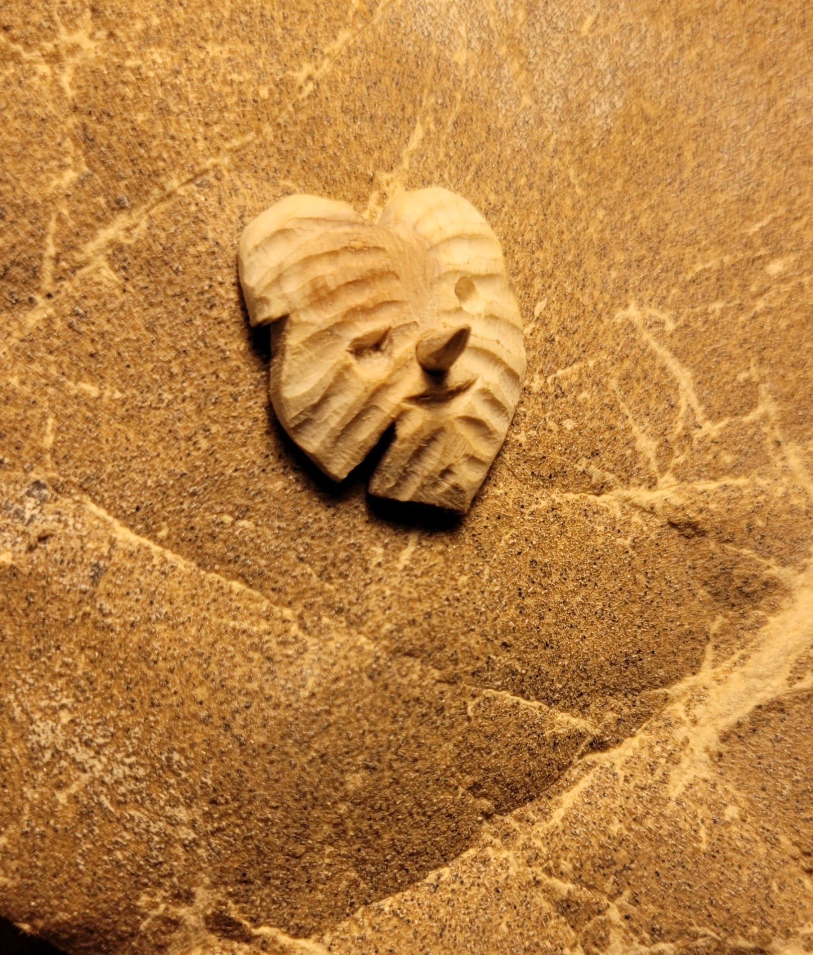 the carved mask, with a stick nose glued into a hole in the front